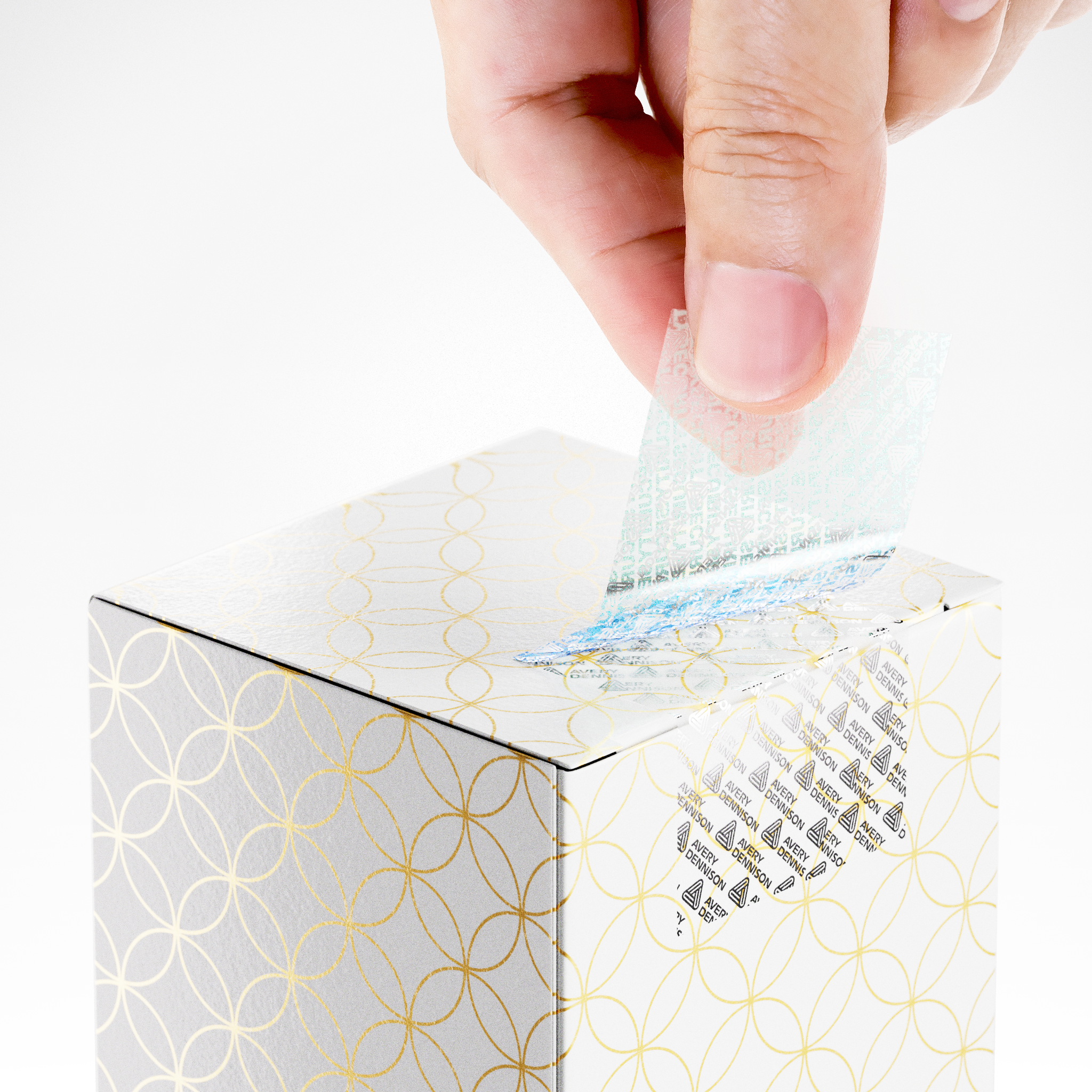 Tamper-evident security label being removed from a pharmaceutical carton