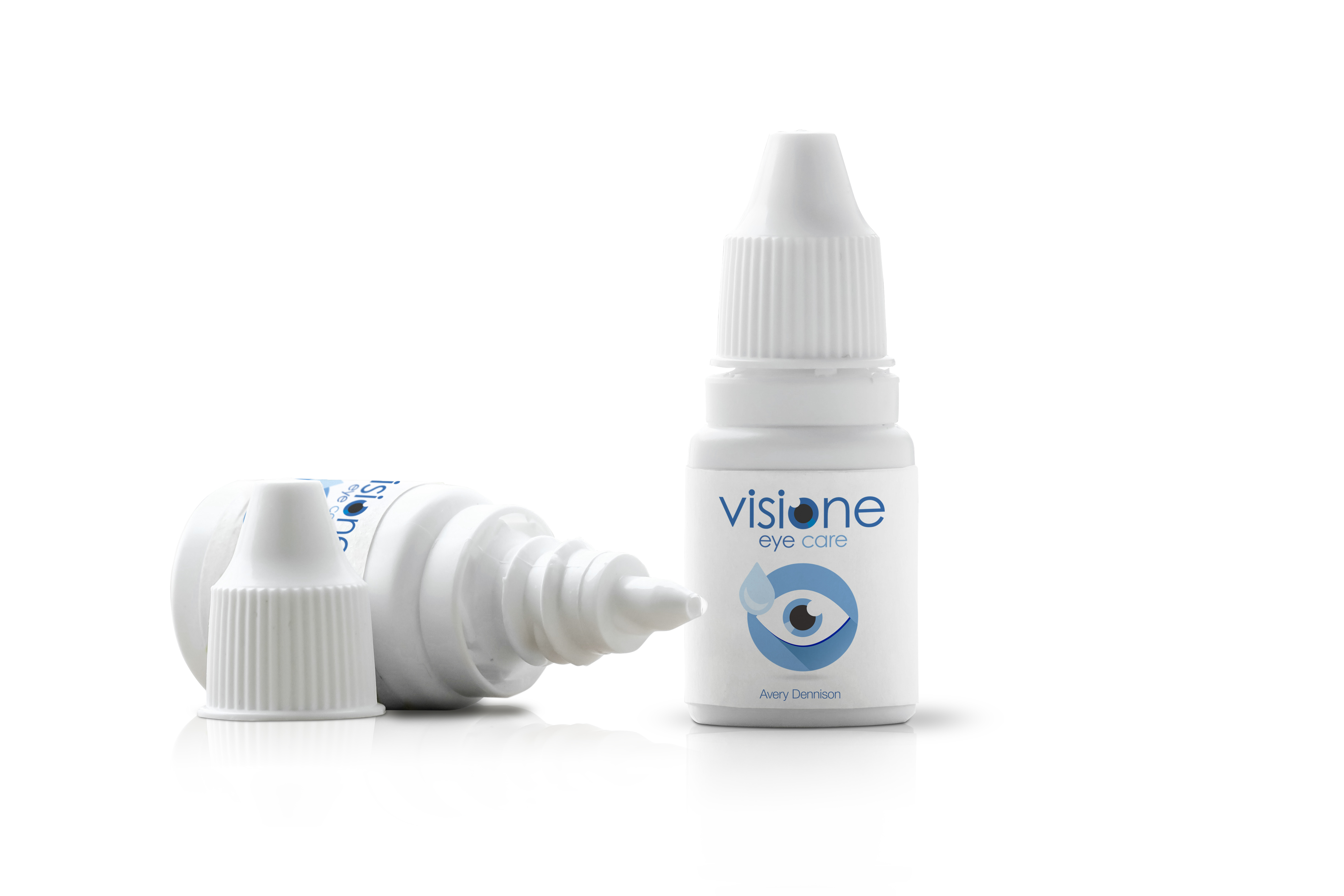 Two labeled pharmaceutical eye-drop bottles